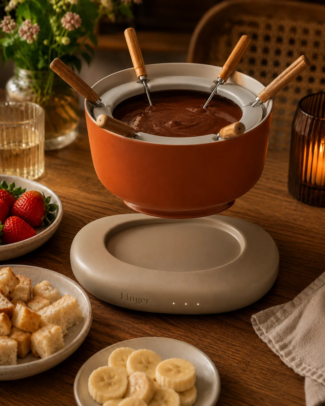 Fondue kept warm on the Linger base