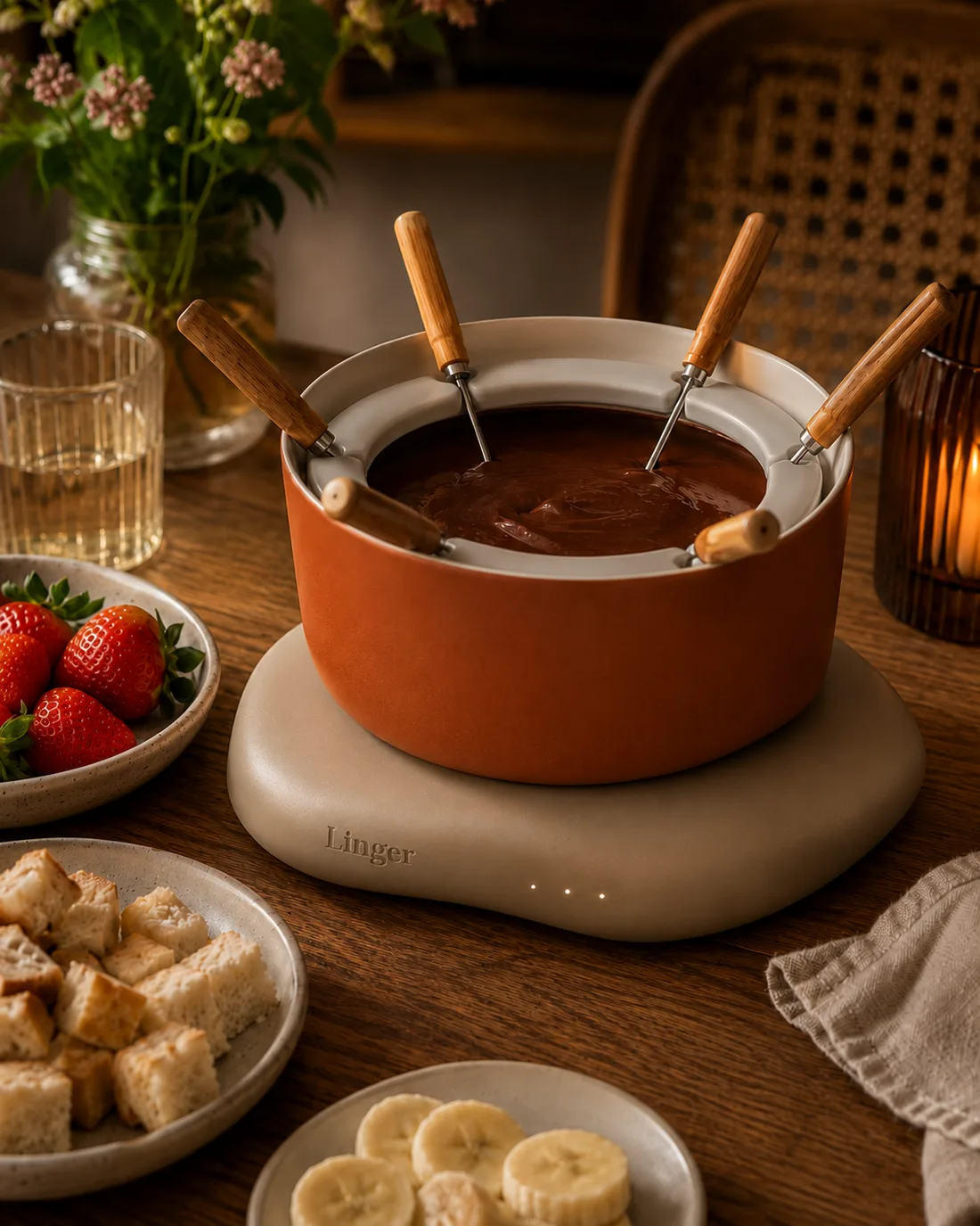 Linger warmer holding a fondue pot on a table