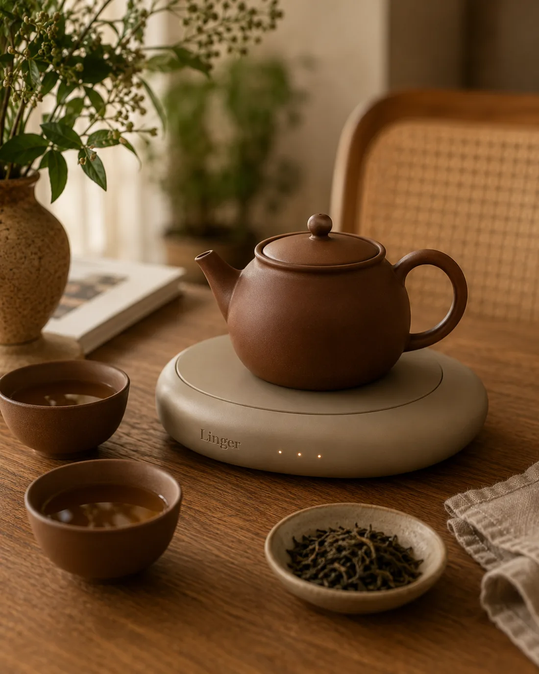 A teapot kept warm on the Linger flat top